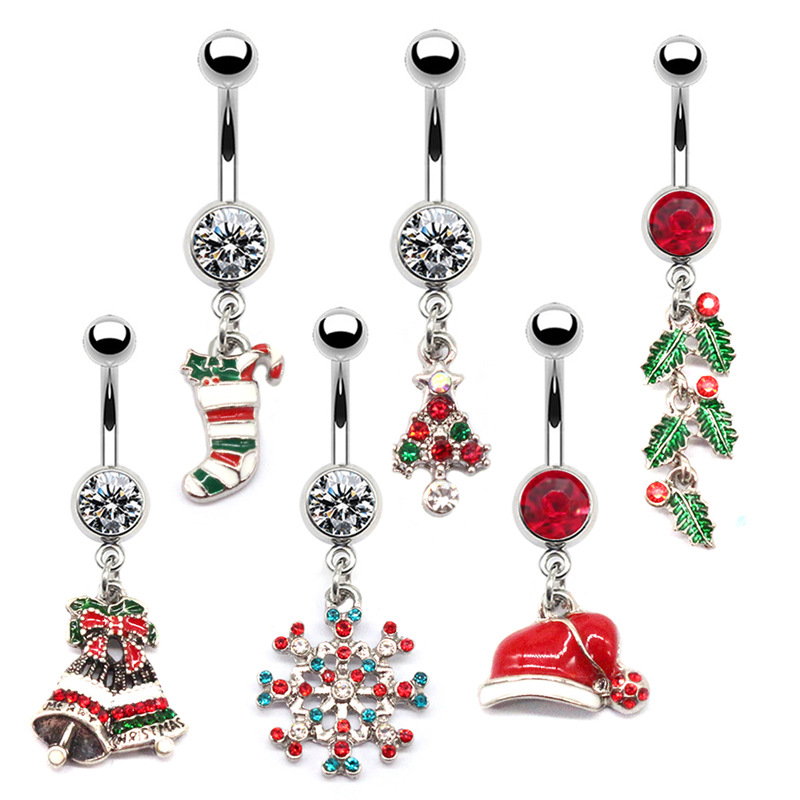Body Jewelry Factory - ต่างหูเจาะสะดือลายคริสต์มาสสำหรับผู้หญิง ลายเกล็ดหิมะ ซานตาคลอส แบบห้อย ทำจากสแตนเลส มีสินค้าในสต็อกจากโรงงาน