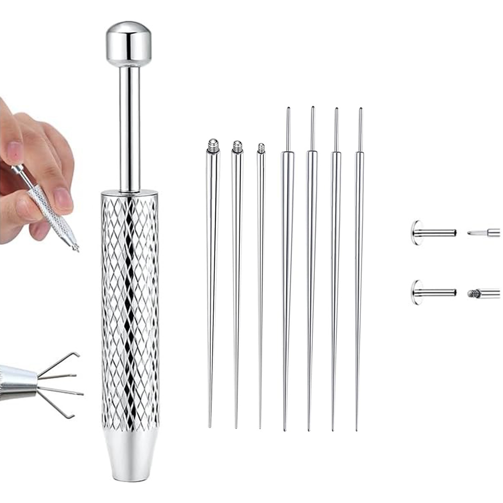 Body Jewelry Kit - เครื่องมือเจาะรูแบบปลายแหลมสำหรับต่างหูสแตนเลสแบบหลังแบน พร้อมอุปกรณ์ช่วยใส่ ตัวเสียบ และชุดเครื่องประดับร่างกายแบบเกลียว