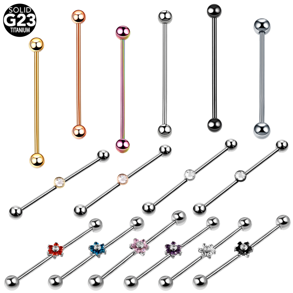 Industrial Barbell Long - 1PC ไทเทเนียมเจาะอัญมณีอุตสาหกรรม Barbell ต่างหูคริสตัลดอกไม้ยาวบาร์กระดูกอ่อนหูนั่งร้าน Tragus Piercing