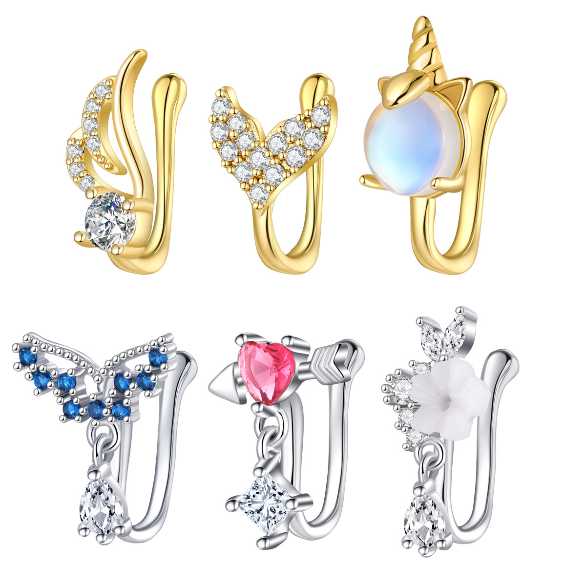 Body Jewelry Nose - เครื่องประดับเจาะจมูกปลอมทองแดงคุณภาพสูงพร้อมข้อมือจมูก CZ ไม่มีคลิปเจาะบนแหวนจมูกสําหรับผู้หญิง Faux เจาะ