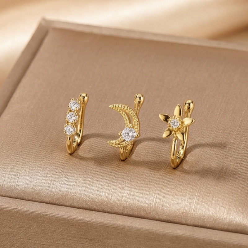 Body Jewelry Nose - ชุดคลิปหนีบจมูกสไตล์เรโทร 3 ชิ้น วัสดุทองแดงฝังเพชรซิคอนเทียม ของขวัญวันหยุดสำหรับครอบครัวและเพื่อนๆ